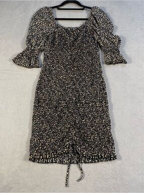 Blush J. Women’s Black Smocked Puff-Sleeve Mini Dress, front tie, size L